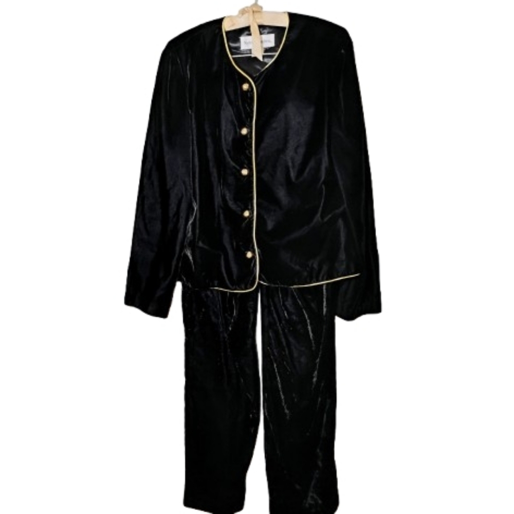 Norton McNaughton Black Velvet Pajama Set Gold Trim Womens 12 90s Luxe Lounge